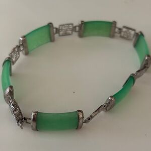 925 Silver Green Jade Fortune Lucky Linked Vintage Bracelet